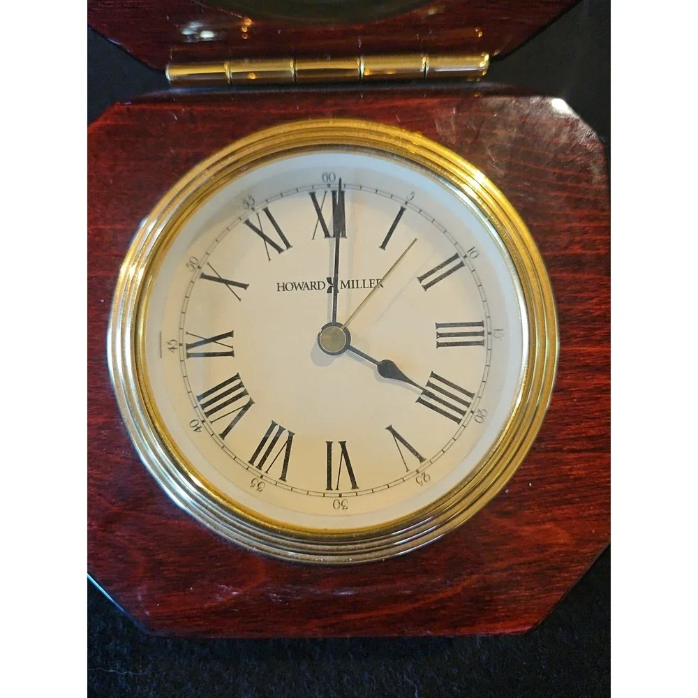 Howard Miller Polish Rosewood Desk Clock Hinge Top Box‎ Gold Metal Glass 645-392